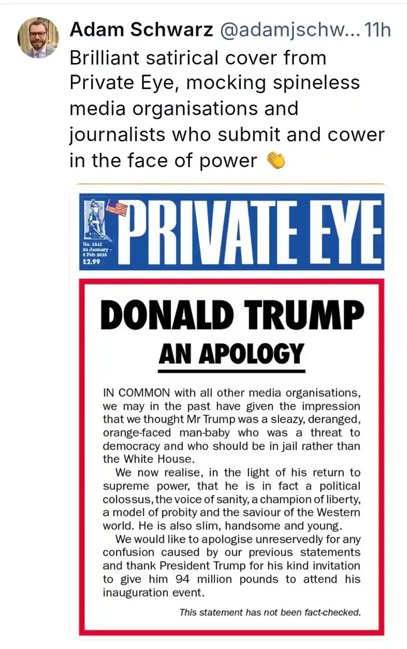 The image displays a satirical mock cover of the British magazine 'Private Eye', featuring a large headline 'DONALD TRUMP AN…