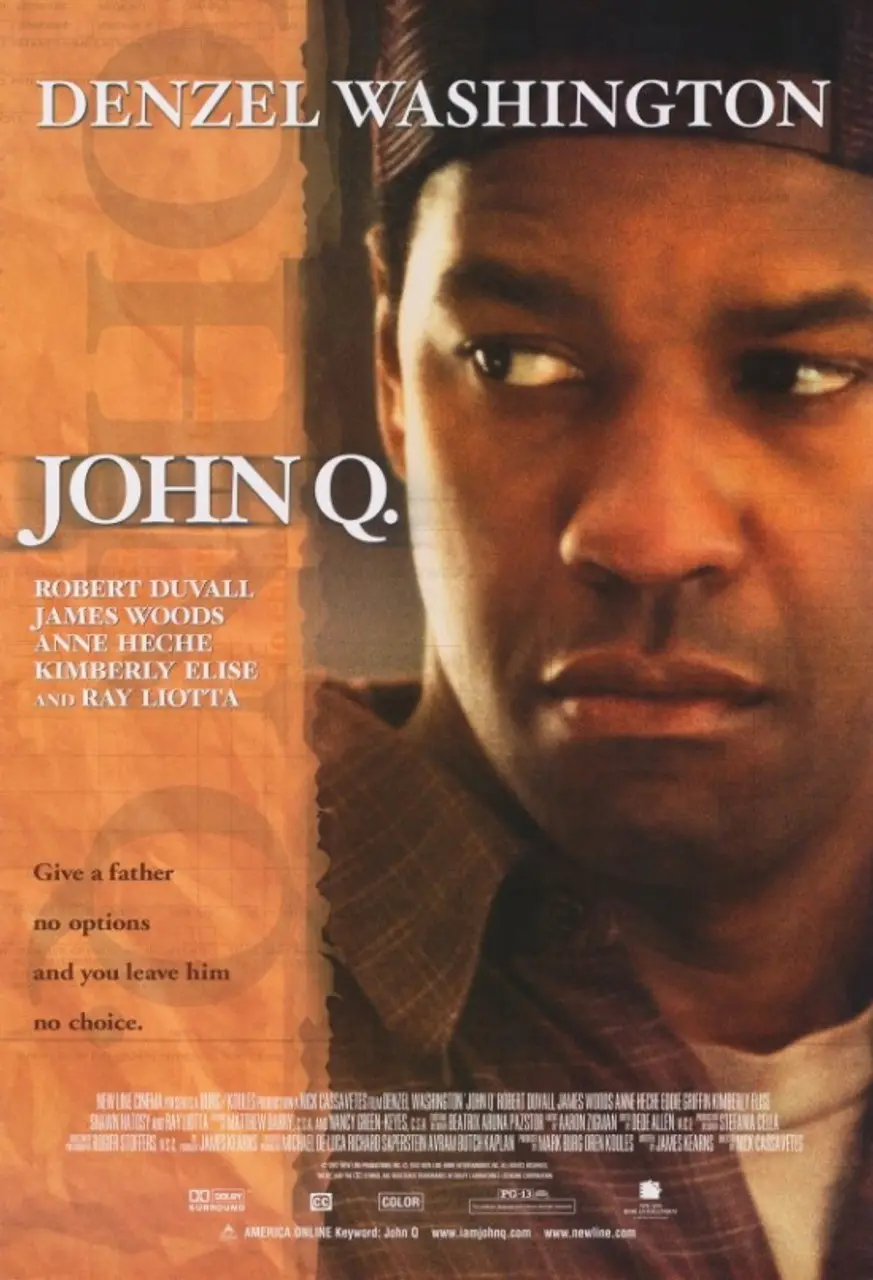 This is a movie poster for 'John Q.' starring Denzel Washington, featuring his intense, sideways-glancing expression. The…