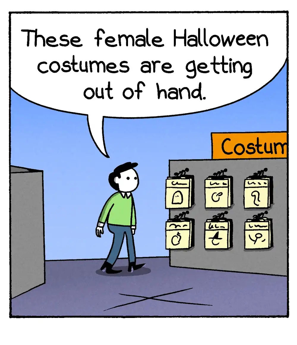 A cartoon man in a green shirt and blue pants walks through a costume store aisle, looking at racks of Halloween costumes…
