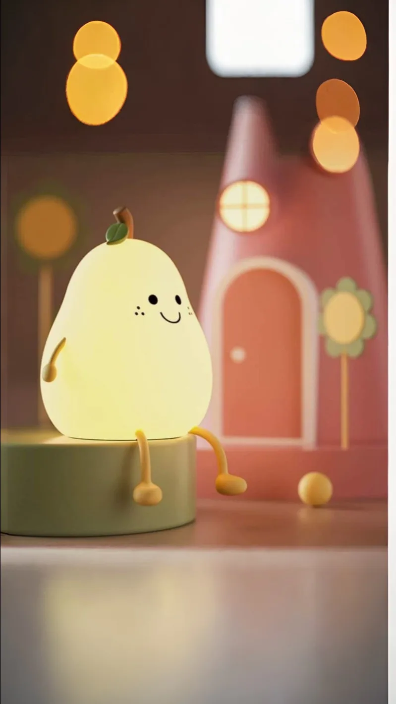 A glowing, cartoonish pear-shaped nightlight with a smiling face and stubby legs sits on a green base. Behind it is a softly…