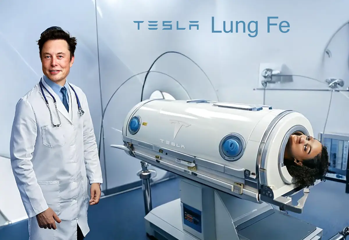 A man in a white doctor's coat with a stethoscope stands beside a futuristic medical machine branded with the Tesla logo. A…
