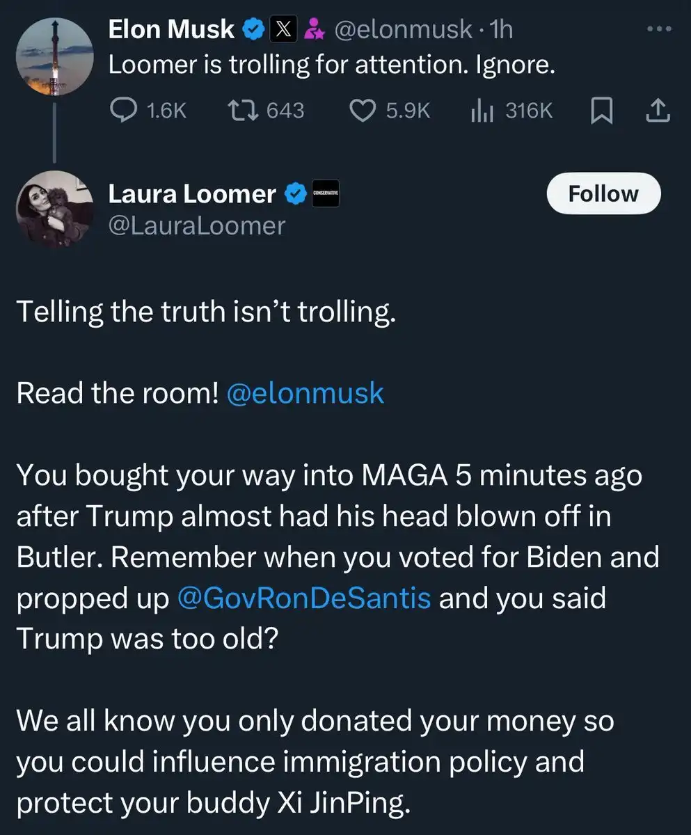 A screenshot of a Twitter thread shows Elon Musk dismissing 'Loomer' as trolling, followed by Laura Loomer's reply accusing…