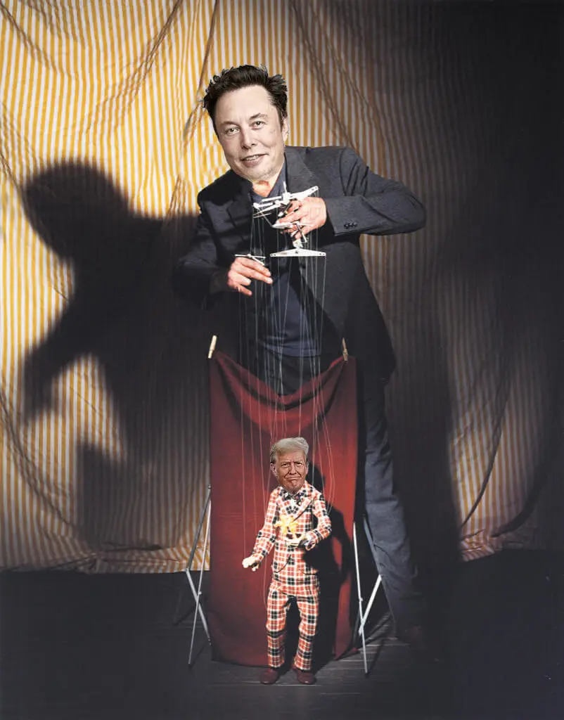 A man resembling Elon Musk holds puppet strings above a red curtain, controlling a puppet below that looks like Donald Trump…
