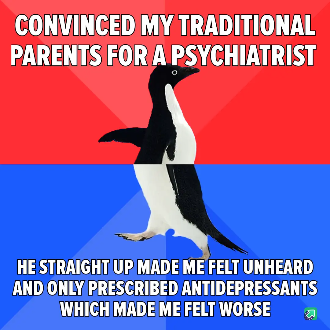 A penguin stands centered against a red-and-blue split background, with bold white text overlaid. The top text reads…