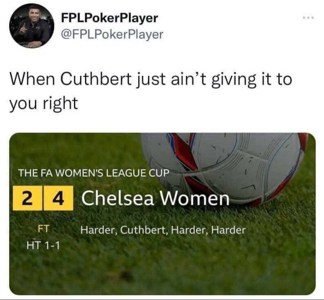 A screenshot of a Twitter post by @FPLPokerPlayer showing a football match result graphic for 'THE FA WOMEN'S LEAGUE CUP'…