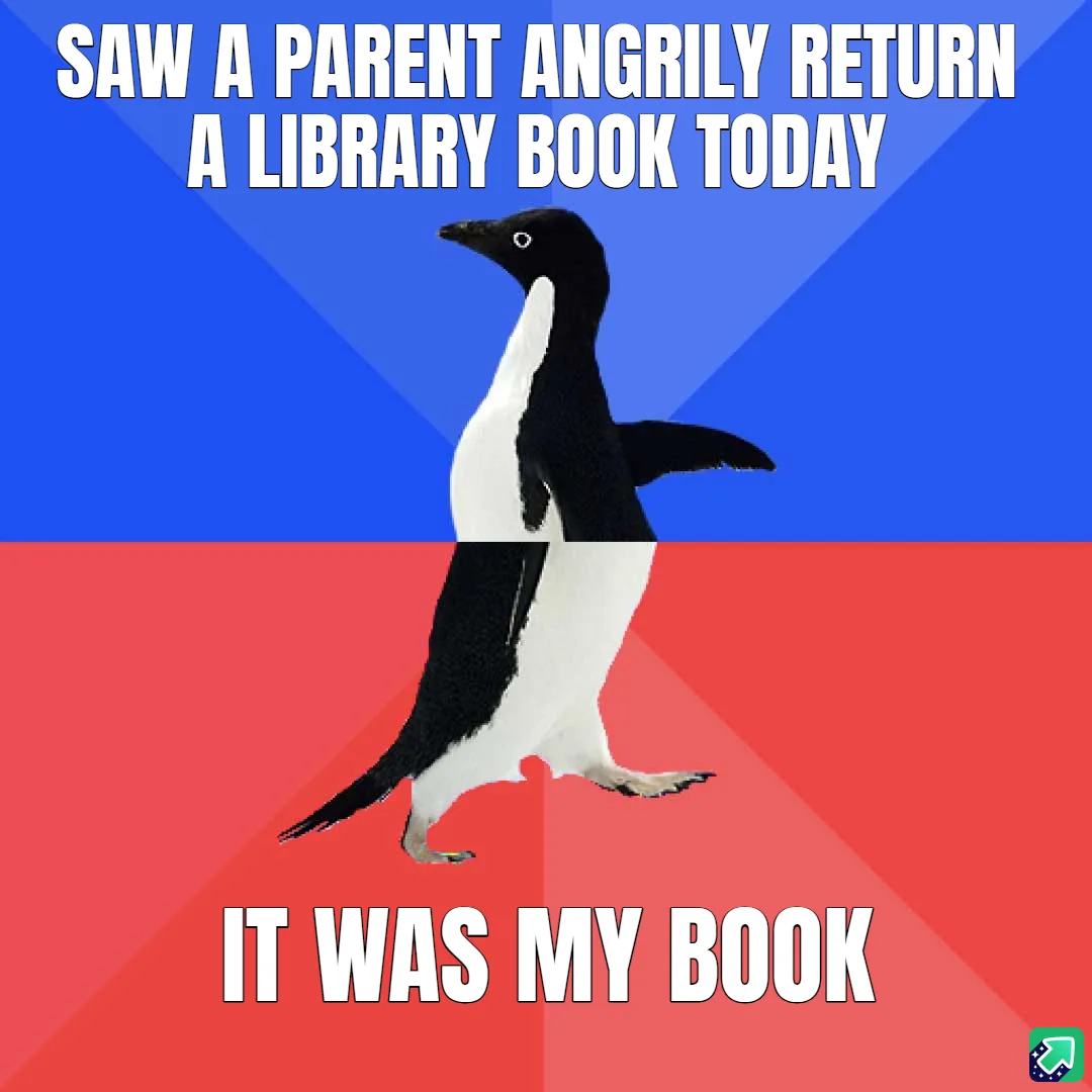 A penguin stands centered against a blue and red background, with bold white text at the top reading 'SAW A PARENT ANGRILY…
