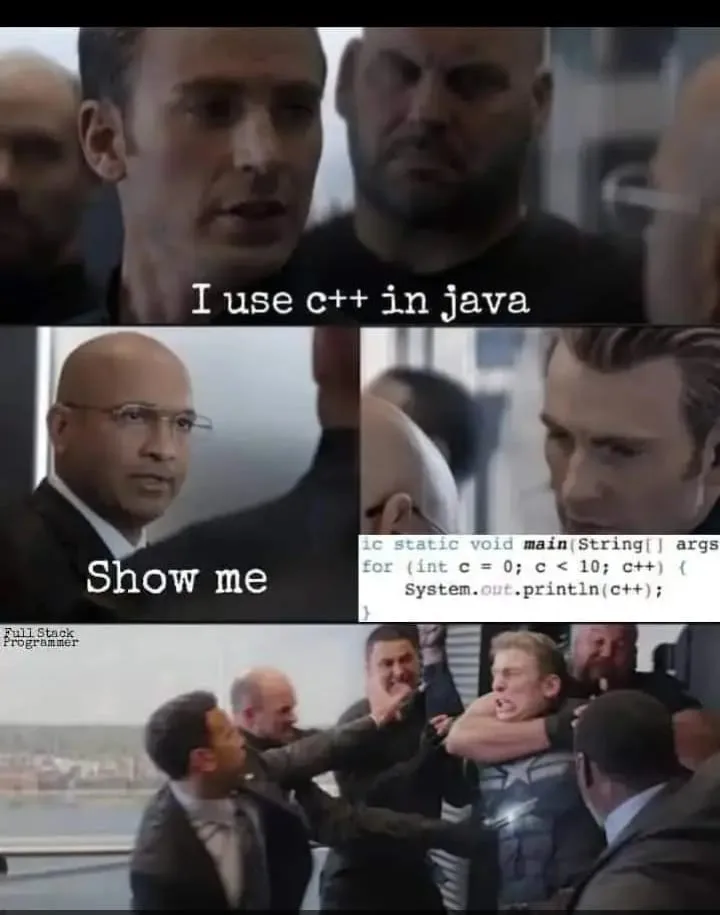 A three-panel meme featuring Chris Evans as Captain America. In the top panel, he says 'I use c++ in java'. The middle panel…
