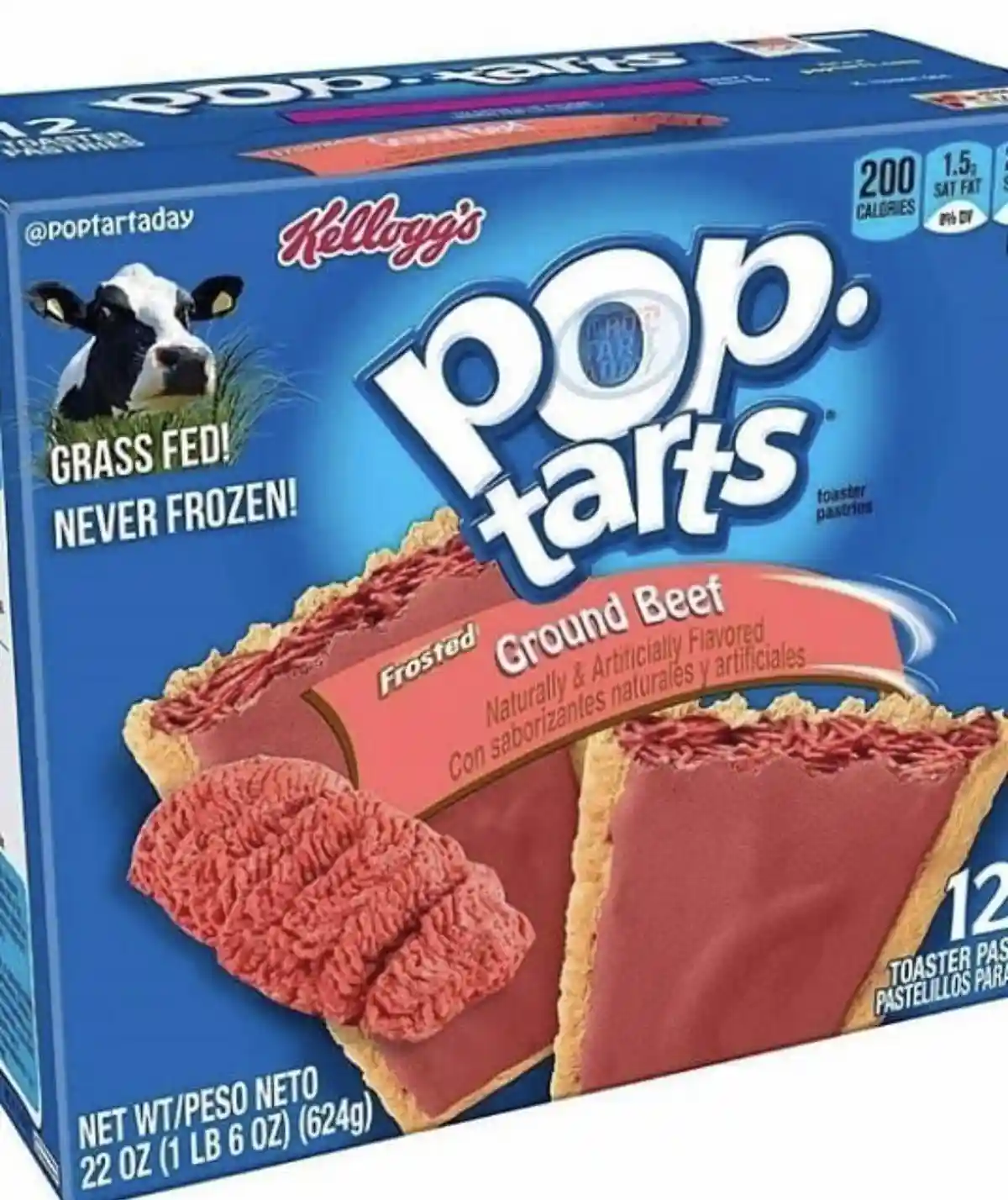 A box of Kellogg's Pop-Tarts is humorously altered to show a 'Ground Beef' flavor, with the filling depicted as raw meat and…