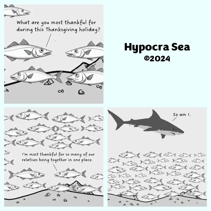 A four-panel comic strip featuring fish and a shark. In the top-left panel, a fish asks other fish, "What are you most…