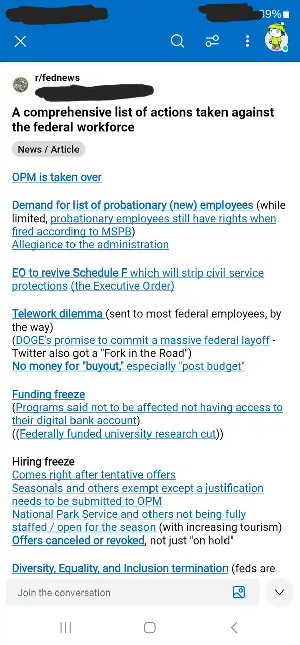 A screenshot of a Reddit post from r/fednews showing a list of actions taken against the federal workforce, including OPM…