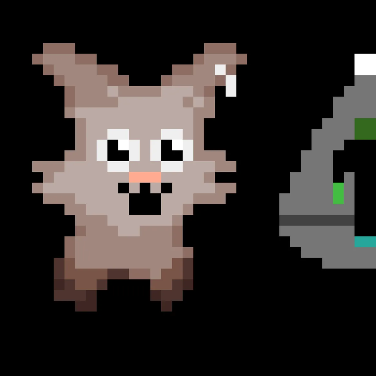 A pixelated brown creature with large eyes and a wide mouth stands next to a gray, cylindrical object with green and teal…
