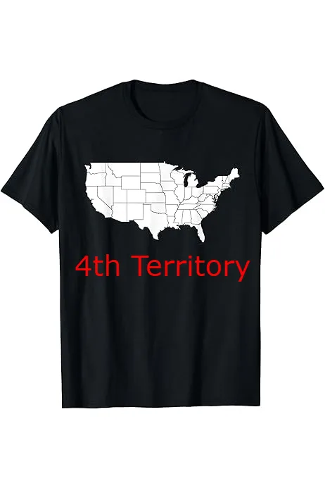 A black t-shirt displays a white outline map of the contiguous United States with the text '4th Territory' in red below it…