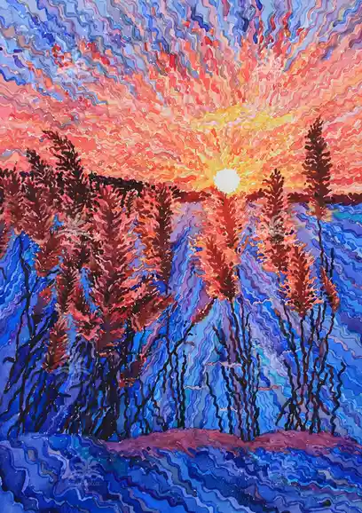 A vibrant, stylized painting depicts a sunset or sunrise with a bright yellow sun at the horizon, radiating fiery orange and…