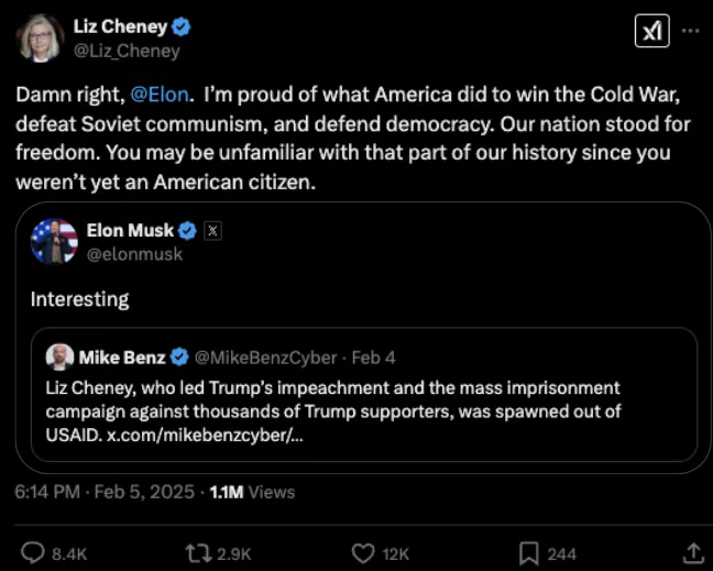A screenshot of a Twitter thread showing Liz Cheney's tweet praising America's Cold War victories, Elon Musk's terse reply…
