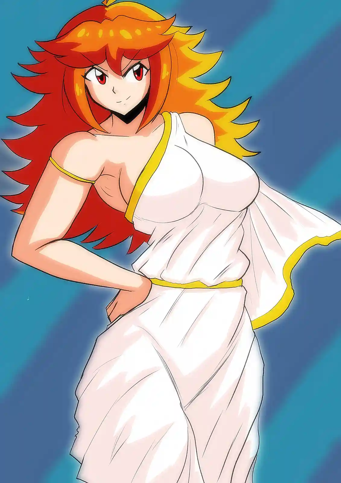 An anime-style illustration of a woman with fiery red and orange hair, wearing a white toga-like garment with yellow trim…