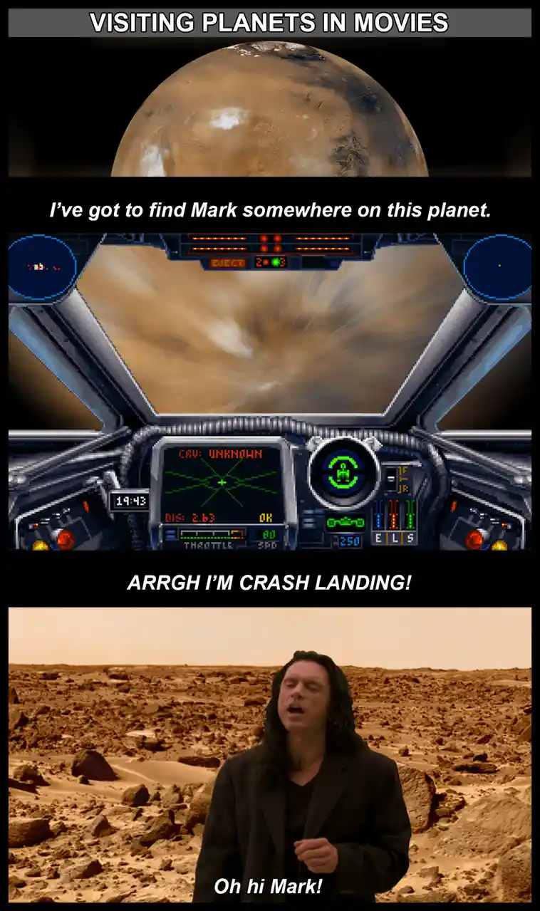The meme shows three panels: a planet, a spaceship cockpit with a crash landing message, and a man in a desert. The text…