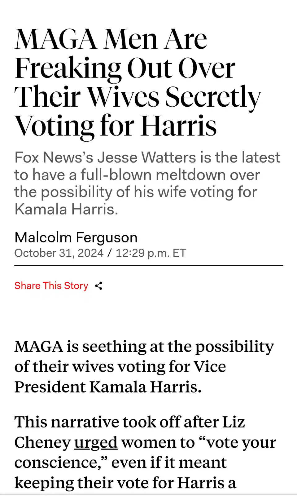 The image displays a screenshot of a news article with the headline 'MAGA Men Are Freaking Out Over Their Wives Secretly…
