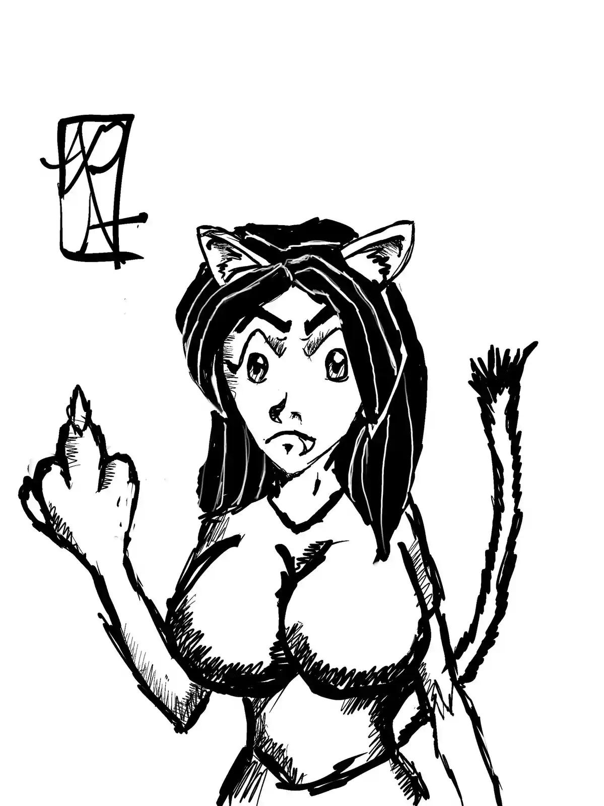 A black-and-white sketch shows an anime-style female character with cat ears and a tail, looking angry and gesturing with…