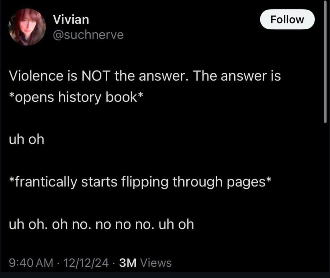 A screenshot of a tweet by Vivian @suchnerve shows a dark interface with white text. The tweet reads: 'Violence is NOT the…