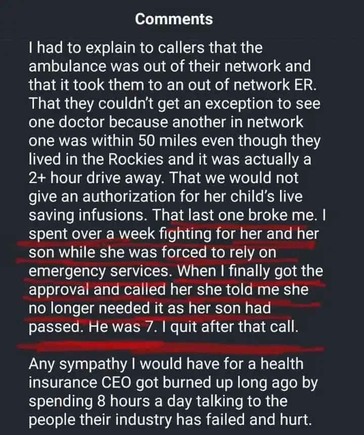 A screenshot of a Reddit comment with a dark background and white text, detailing a health insurance representative's…