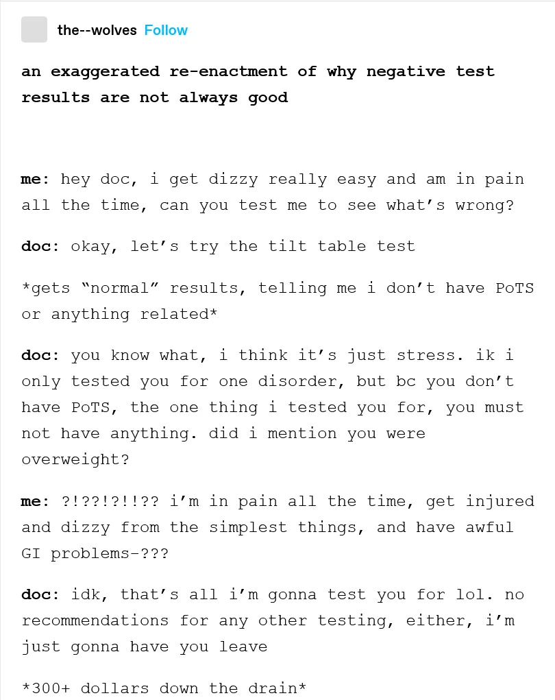 A text-based meme depicting a patient's frustrating medical experience where a doctor dismisses their symptoms after a…