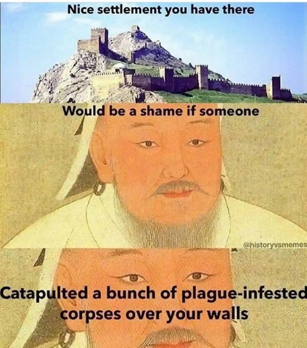 The image is a three-panel meme featuring a portrait of Genghis Khan. The top panel shows a castle on a hill with the text…