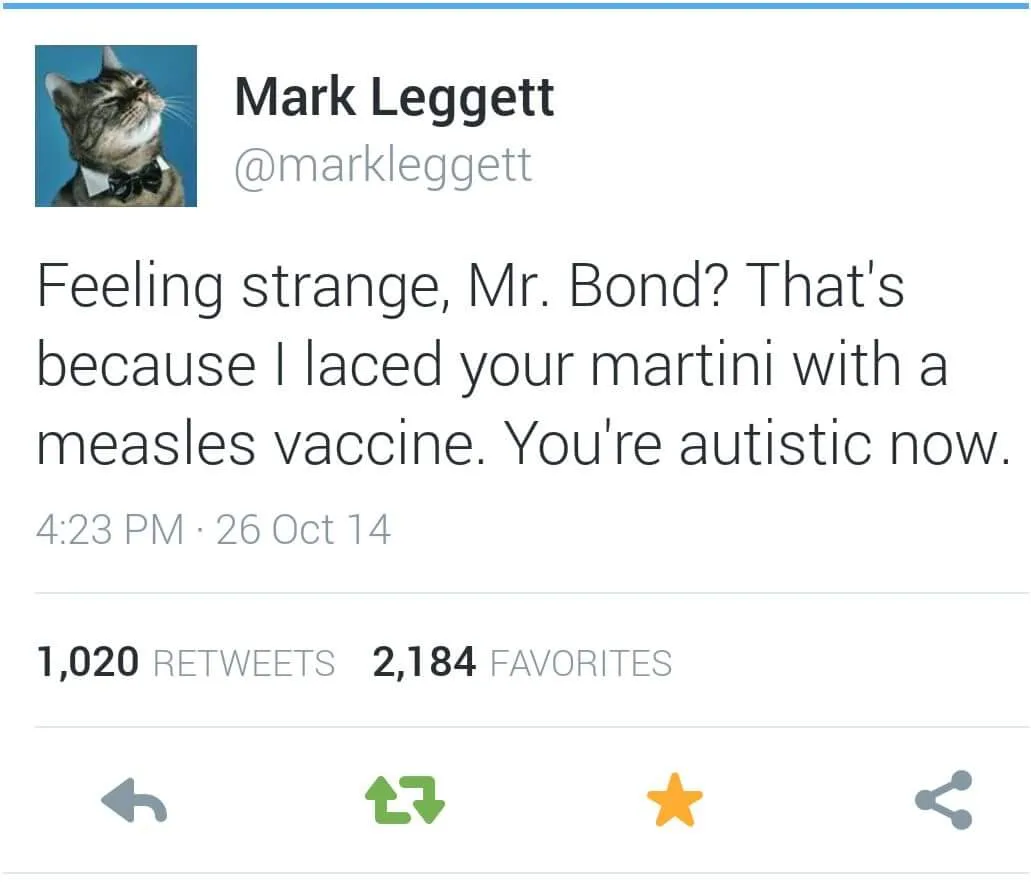 A screenshot of a tweet from Mark Leggett (@markleggett) featuring a photo of a cat wearing a bowtie. The tweet text reads…