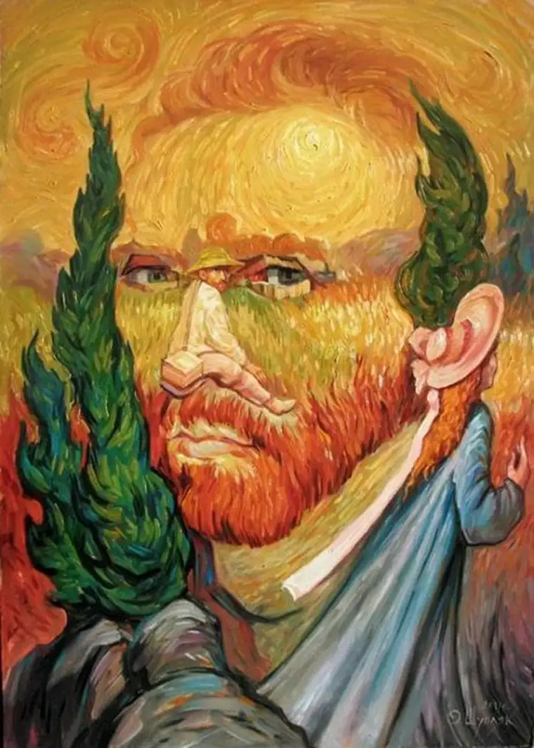 A painting of Vincent van Gogh with two green cypress trees growing out of his ears, set against a swirling yellow…