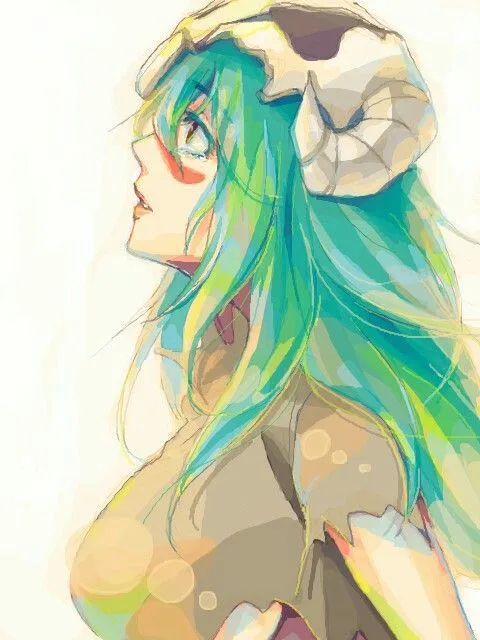 An anime-style illustration of a young woman with long teal-green hair and a large, stylized ram's horn headpiece, shown in…