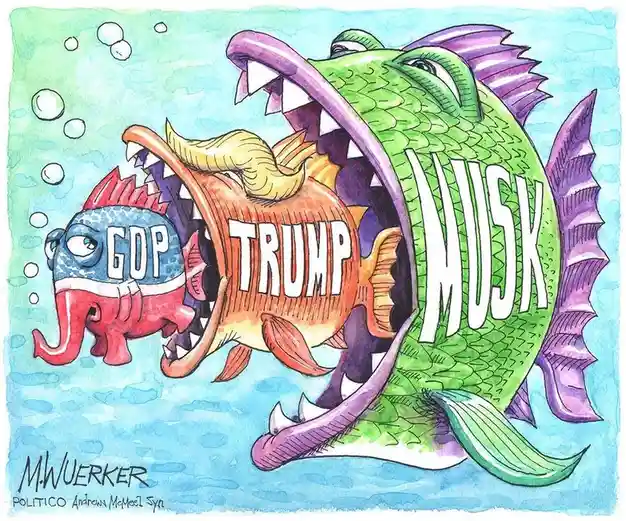 A cartoon illustration depicts three fish in water: a small blue fish labeled 'GOP' with an elephant head, a medium orange…