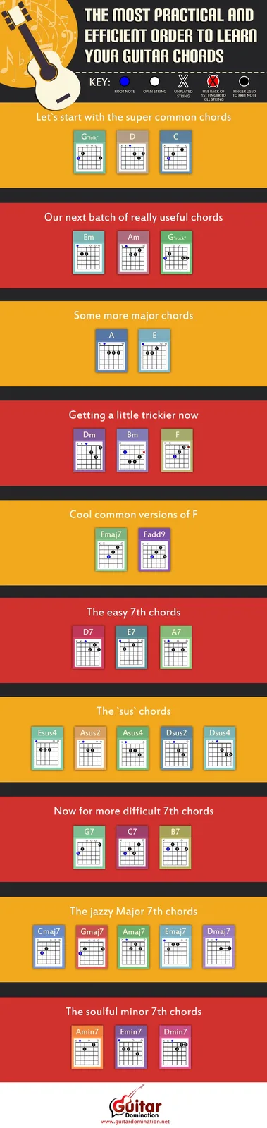 An infographic titled 'THE MOST PRACTICAL AND EFFICIENT ORDER TO LEARN YOUR GUITAR CHORDS' displays a progression of guitar…
