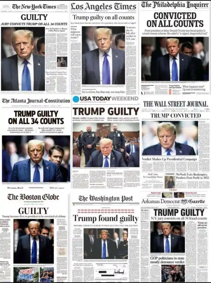 A collage of nine newspaper front pages, each featuring a photo of Donald Trump and headlines declaring him 'guilty' or…