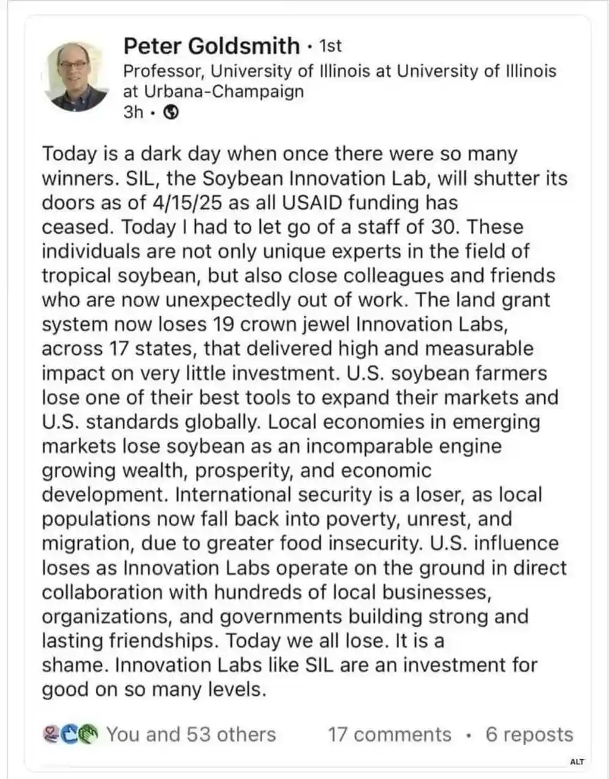 A screenshot of a Facebook post by Peter Goldsmith, Professor at the University of Illinois, announcing the closure of the…