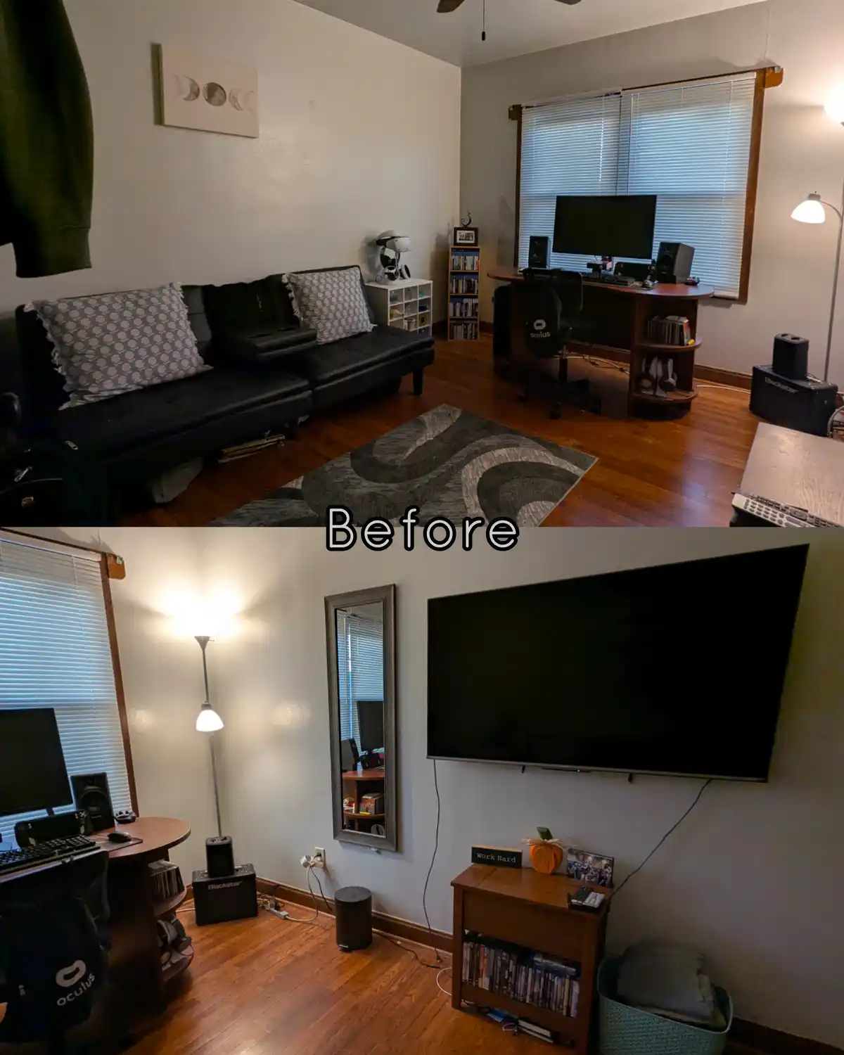 The image shows a split-screen 'before' and 'after' of a room. The 'before' image displays a living room with a black futon…