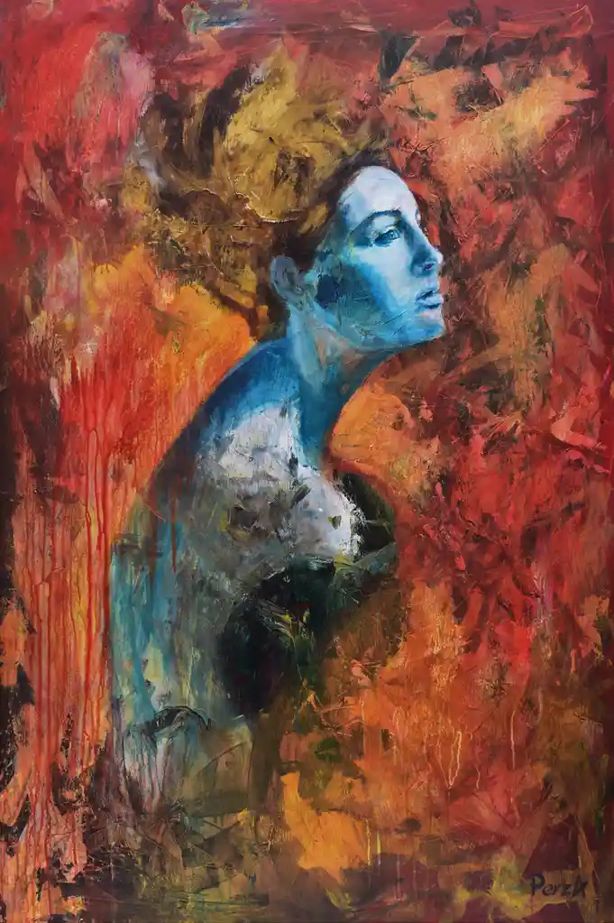 An abstract painting depicts a blue-toned human figure in profile against a fiery red and orange background. The figure's…