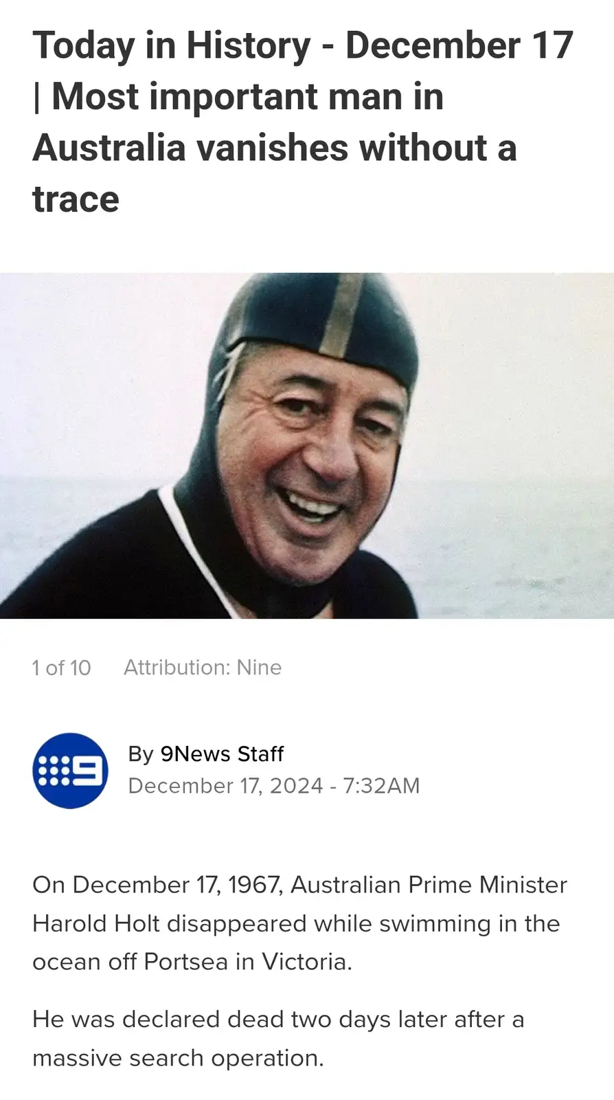 The image shows a smiling man in a vintage black swimming cap and wetsuit, set against a blurry ocean background. Overlaid…
