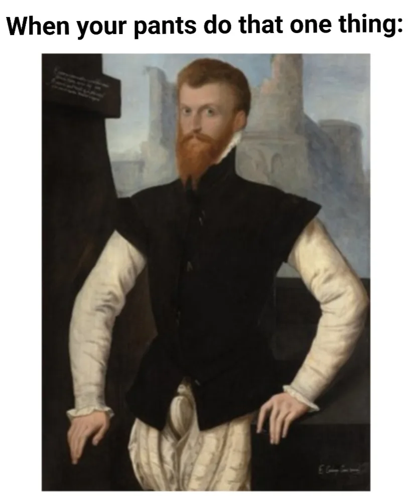A classical portrait of a man with a red beard and period clothing, looking shocked or alarmed, with text overlaid at the…