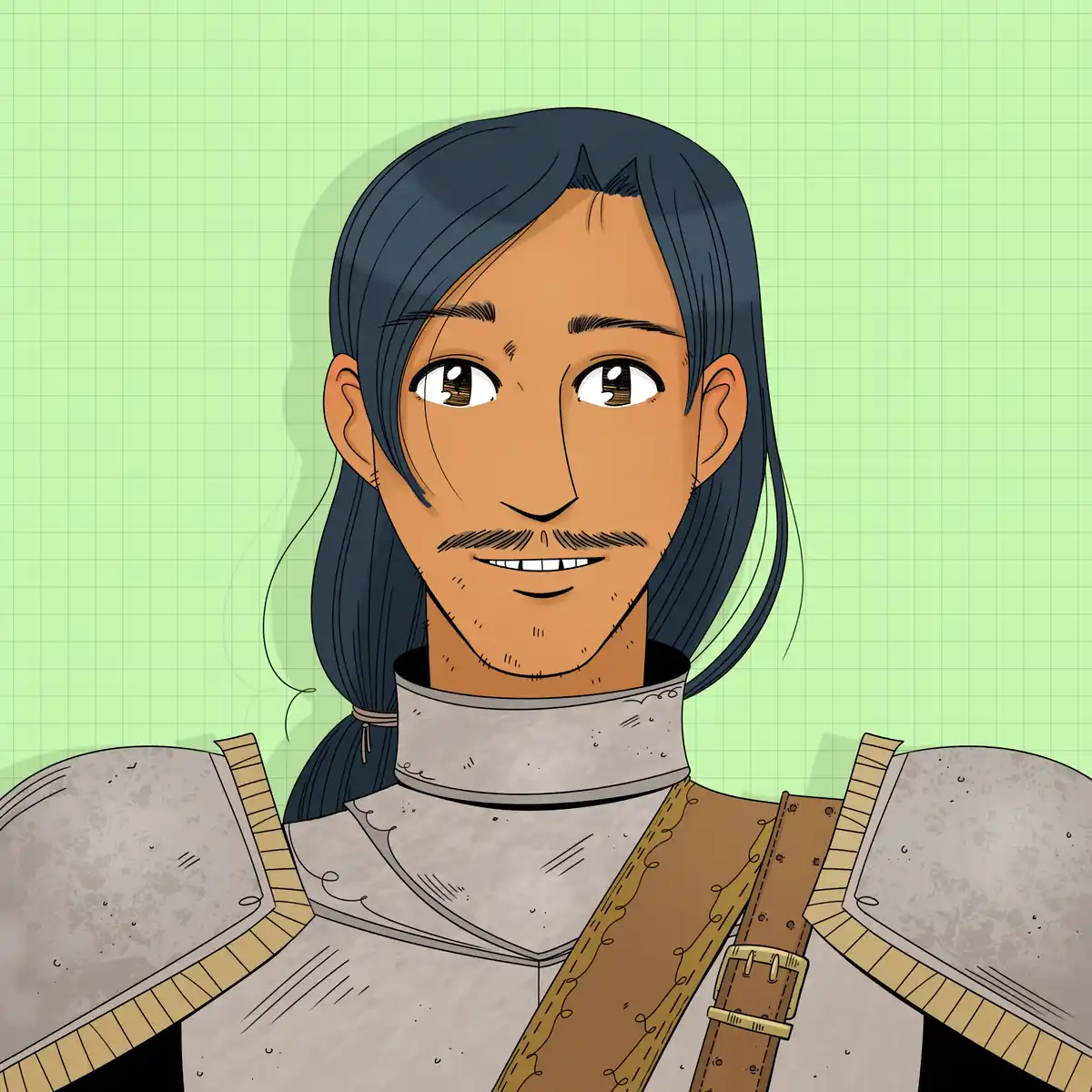 A cartoon illustration of a man with long dark hair tied back, wearing medieval-style armor with shoulder pauldrons and a…