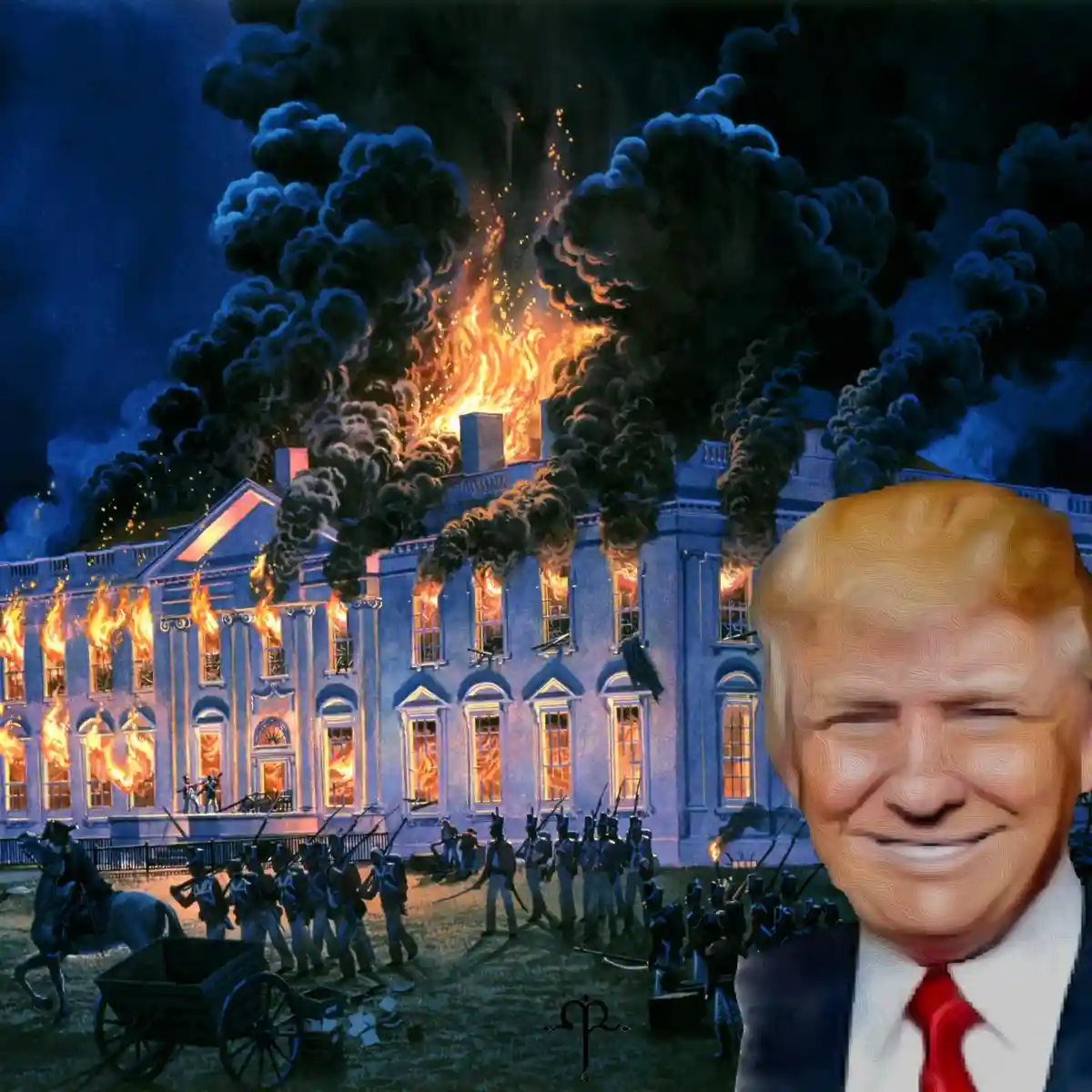 A digitally altered image shows a historical painting of the White House engulfed in flames with soldiers in front, overlaid…
