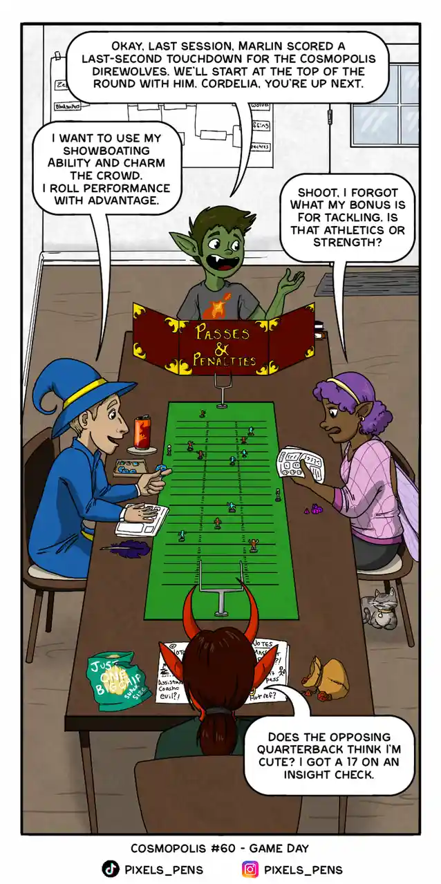 Four fantasy football players in fantasy RPG attire sit around a table with a green football field mat. One green-skinned…
