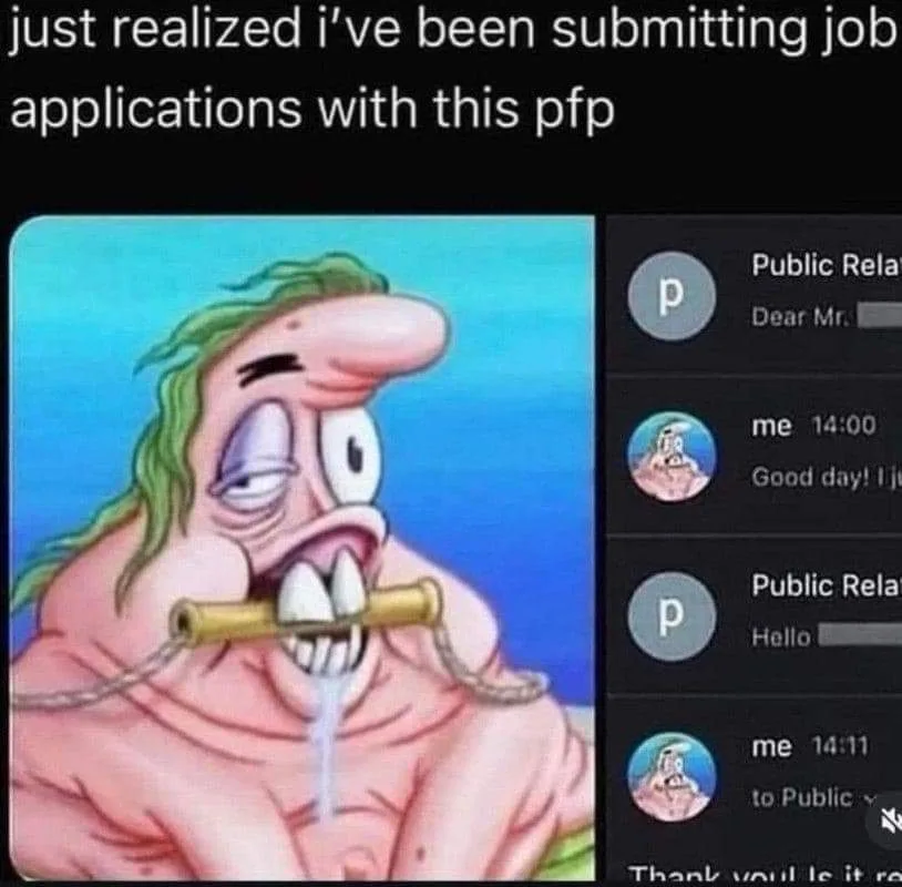 The image shows Patrick Star from SpongeBob SquarePants looking distressed with a chain and pipe in his mouth, next to a…