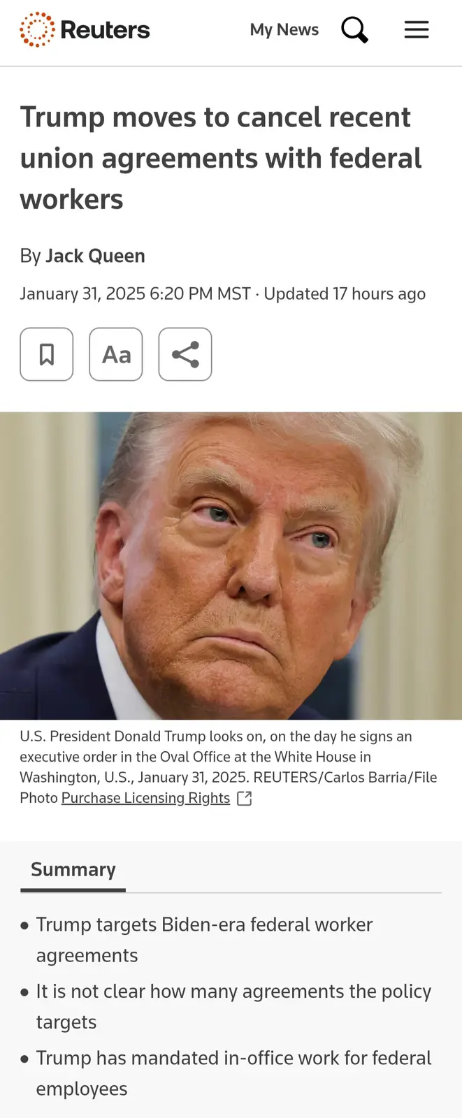 A screenshot of a Reuters news article dated January 31, 2025, shows a close-up photo of Donald Trump with a stern…