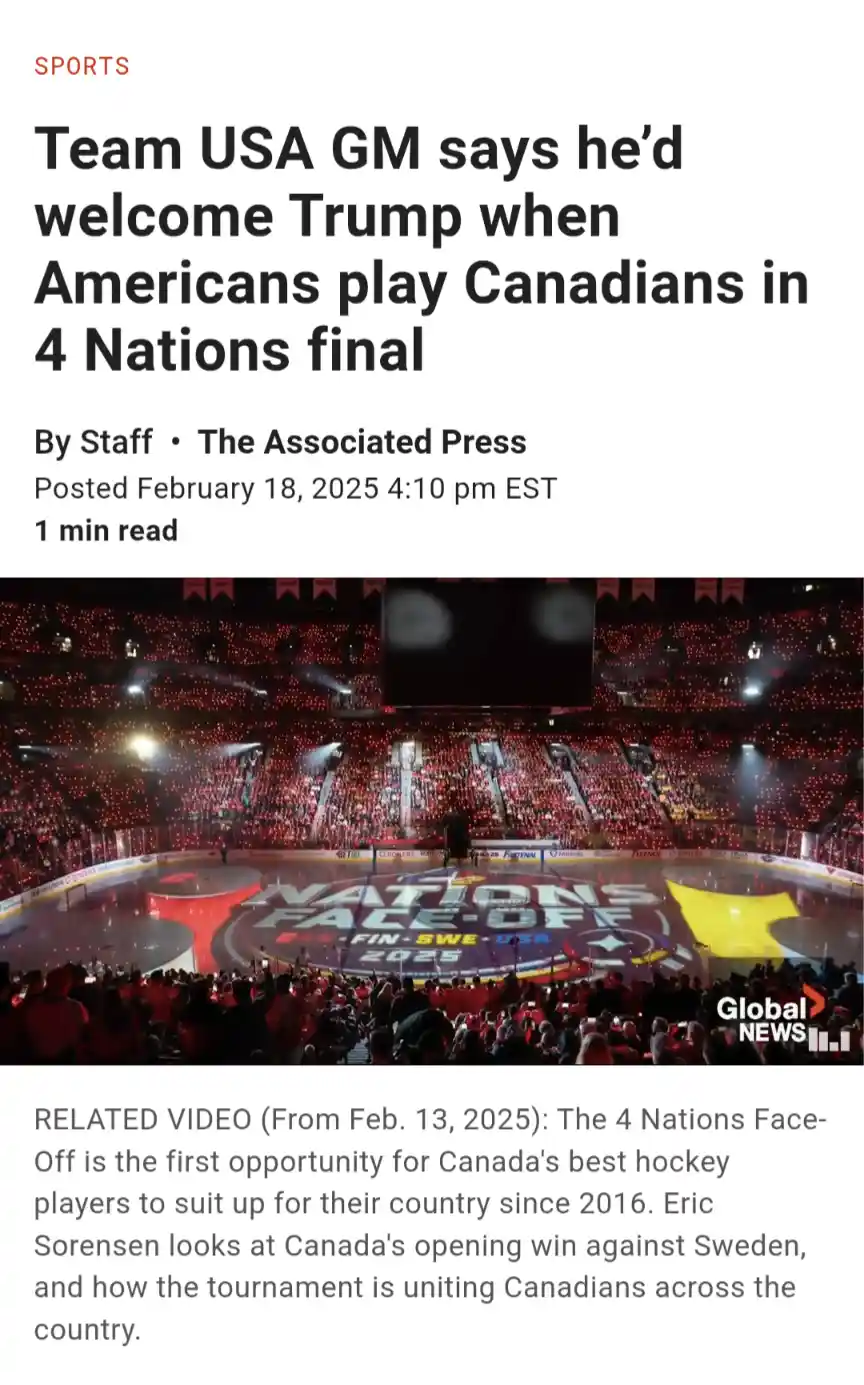 A screenshot of a Global News sports article from February 18, 2025, featuring a headline about Team USA's general manager…