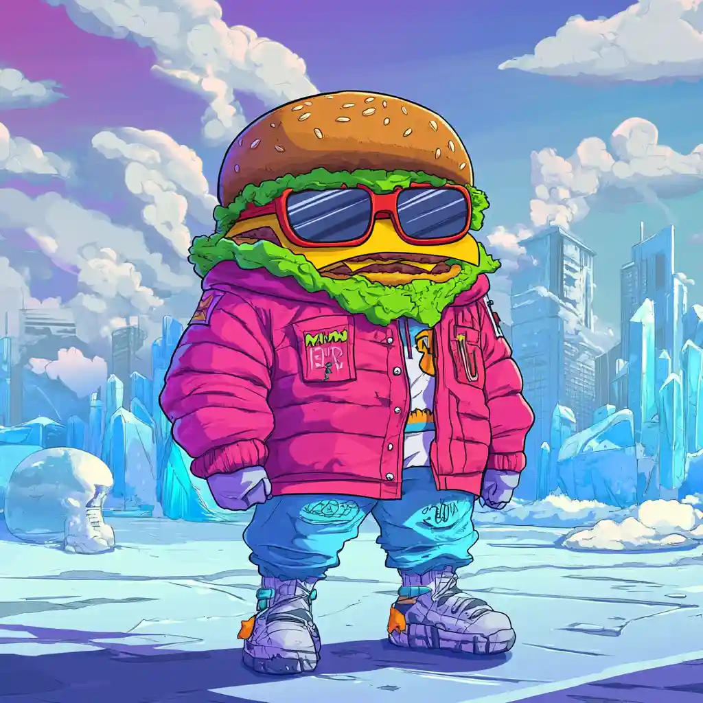 A cartoonish anthropomorphic hamburger wearing red sunglasses, a pink puffer jacket, and blue jeans stands confidently in a…
