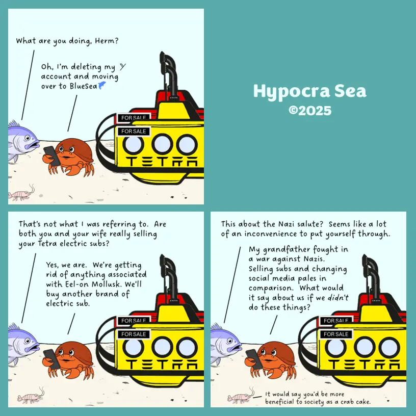 A four-panel comic strip featuring a crab named Herm and a fish. In the first panel, Herm tells the fish he's deleting his…