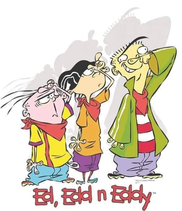 Three cartoon characters from the show 'Ed, Edd n Eddy' are shown with exaggerated expressions of shock or awe, looking…