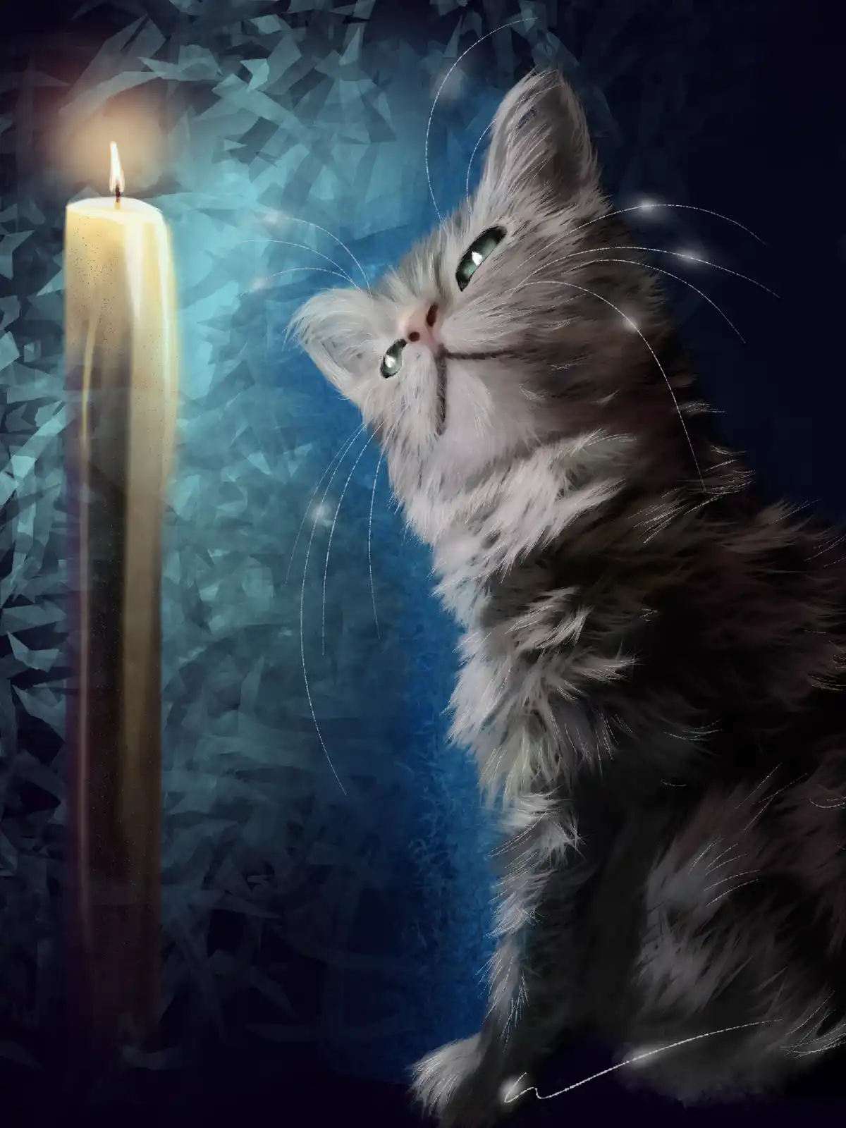 A fluffy, long-haired cat with green eyes gazes upward at a tall, lit candle, its face illuminated by the flame against a…