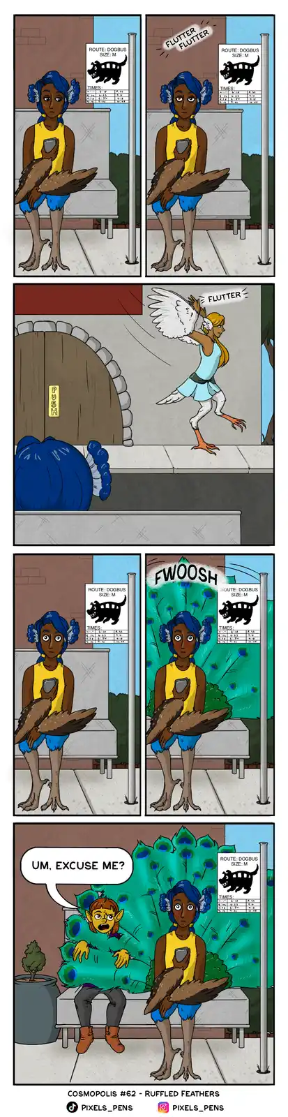 A person with blue hair and bird-like feet sits on a bench waiting for a 'Dogbus' while holding a large bird. A winged woman…