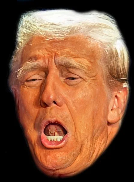 A close-up image of Donald Trump with his mouth wide open in an exaggerated yelling expression, set against a black…