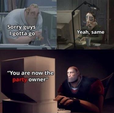 The image is a three-panel meme featuring animated characters. Top left: a man in a white shirt says 'Sorry guys I gotta…